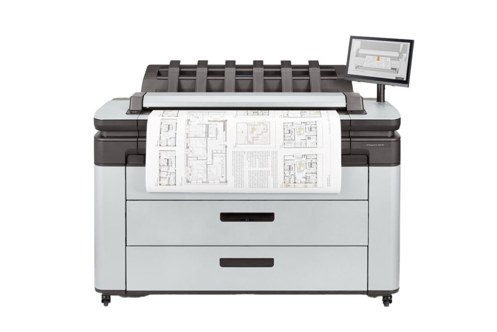 HP DesignJet XL 3600 front view with touchscreen and printed architectural drawings emerging from the printer’s output tray.