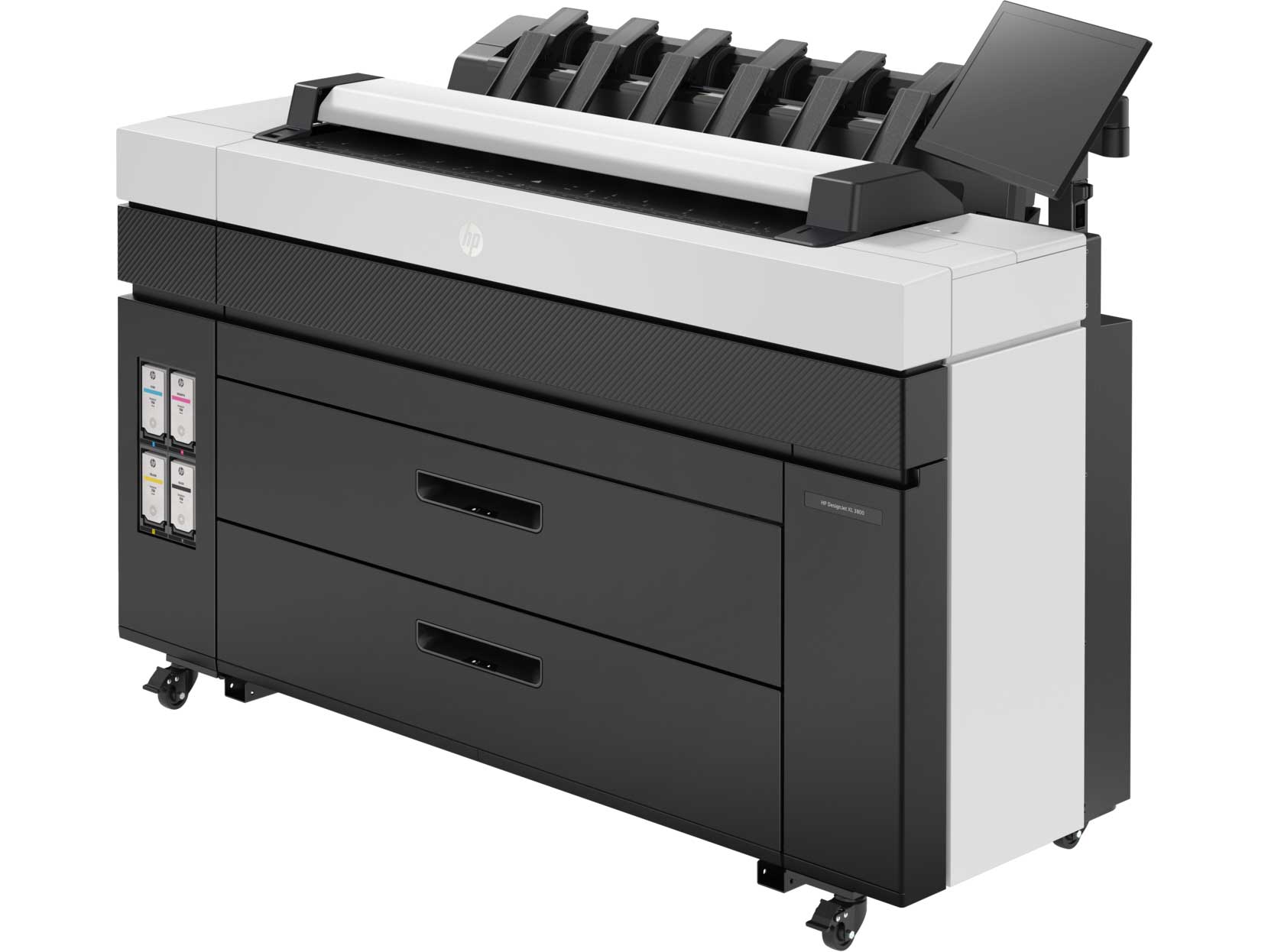 HP DesignJet XL 3800 left facing view of a printer displaying touchscreen, print output, and ink cartridge access for large-format projects.