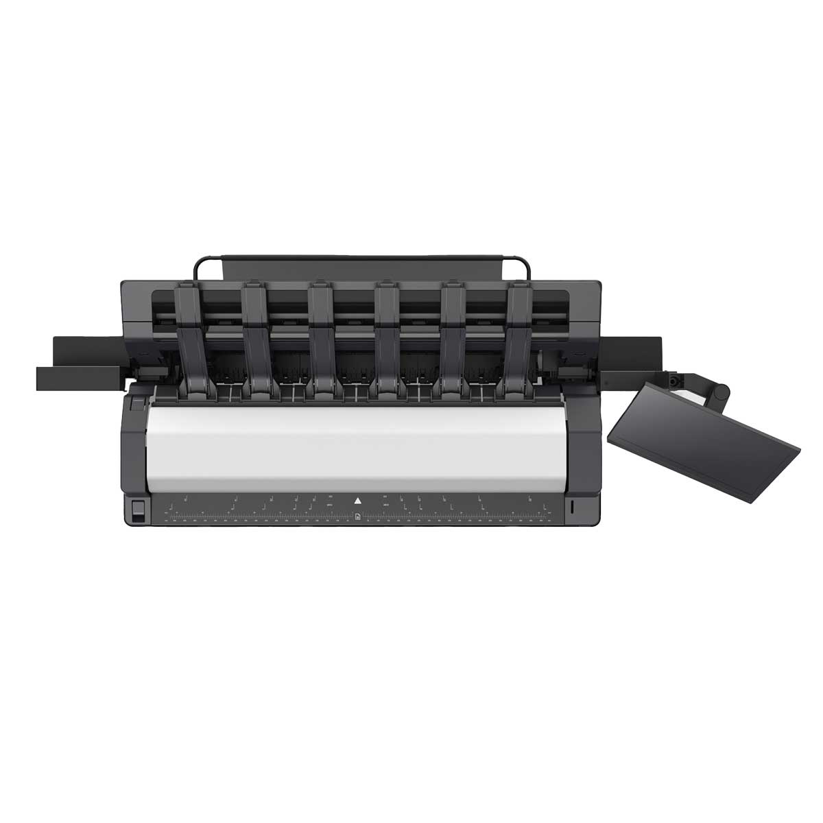 HP DesignJet XL 3800 top view showcasing media output stacker, touchscreen, and roll feed alignment grid.
