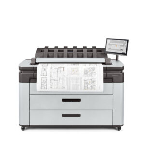 HP® DesignJet® XL 3600 Printer with front panel touchscreen and architectural plans printing, designed for speed and security in technical environments.