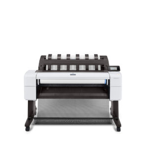 HP® DesignJet® T1600 Printer front-facing view with integrated output stacker, touchscreen panel, and wide-format roll-fed design for professional CAD printing.