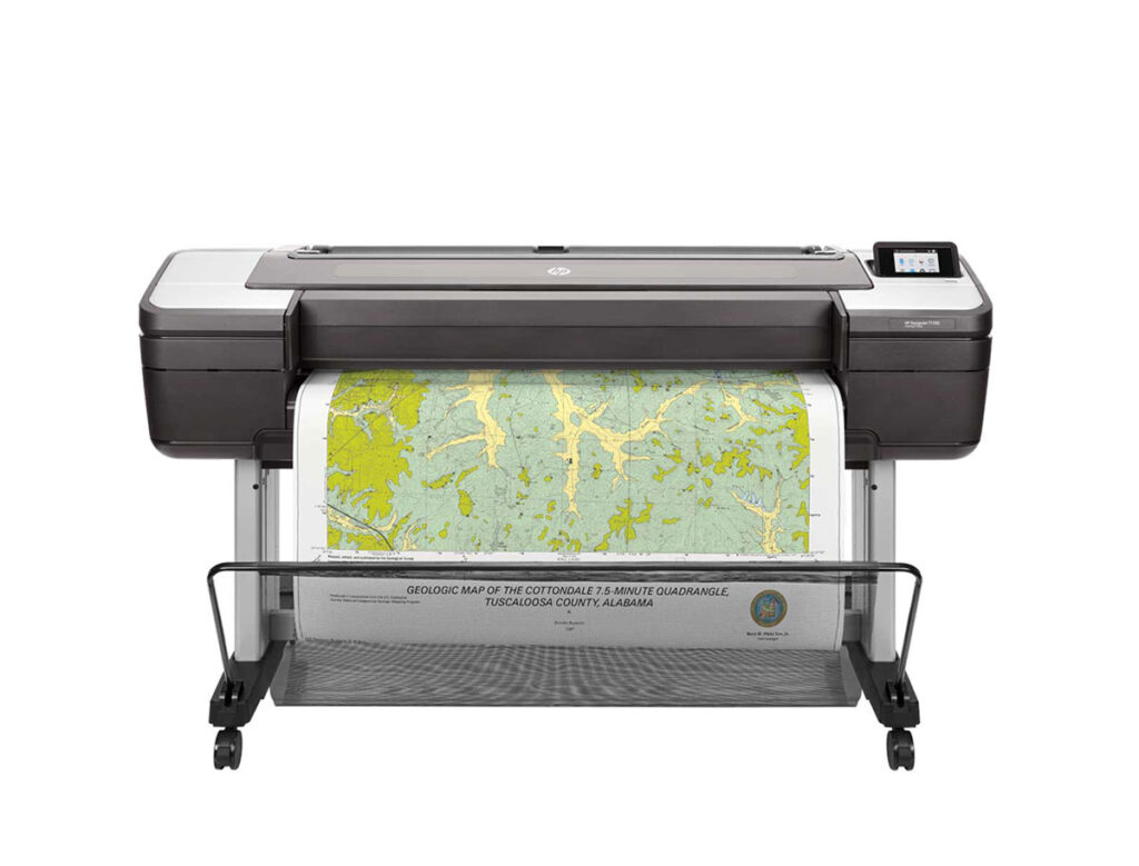 HP DesignJet T1700 front view showing a topographic map print output in the collection basket.