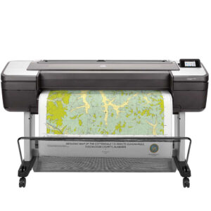HP DesignJet T1700 front view showing a topographic map print output in the collection basket.
