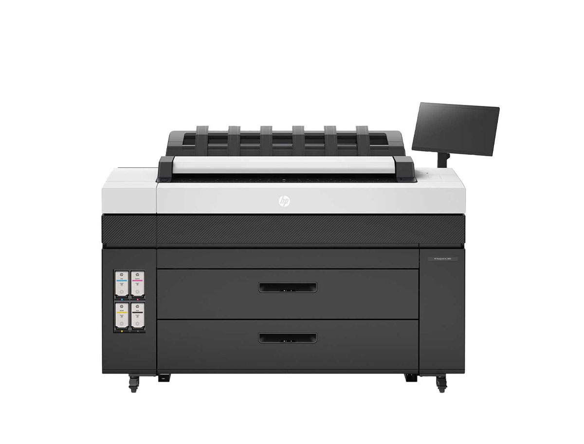 HP® DesignJet® XL 3800 Printer with dual drawers, front-facing touchscreen, and integrated output stacker for production-level performance.